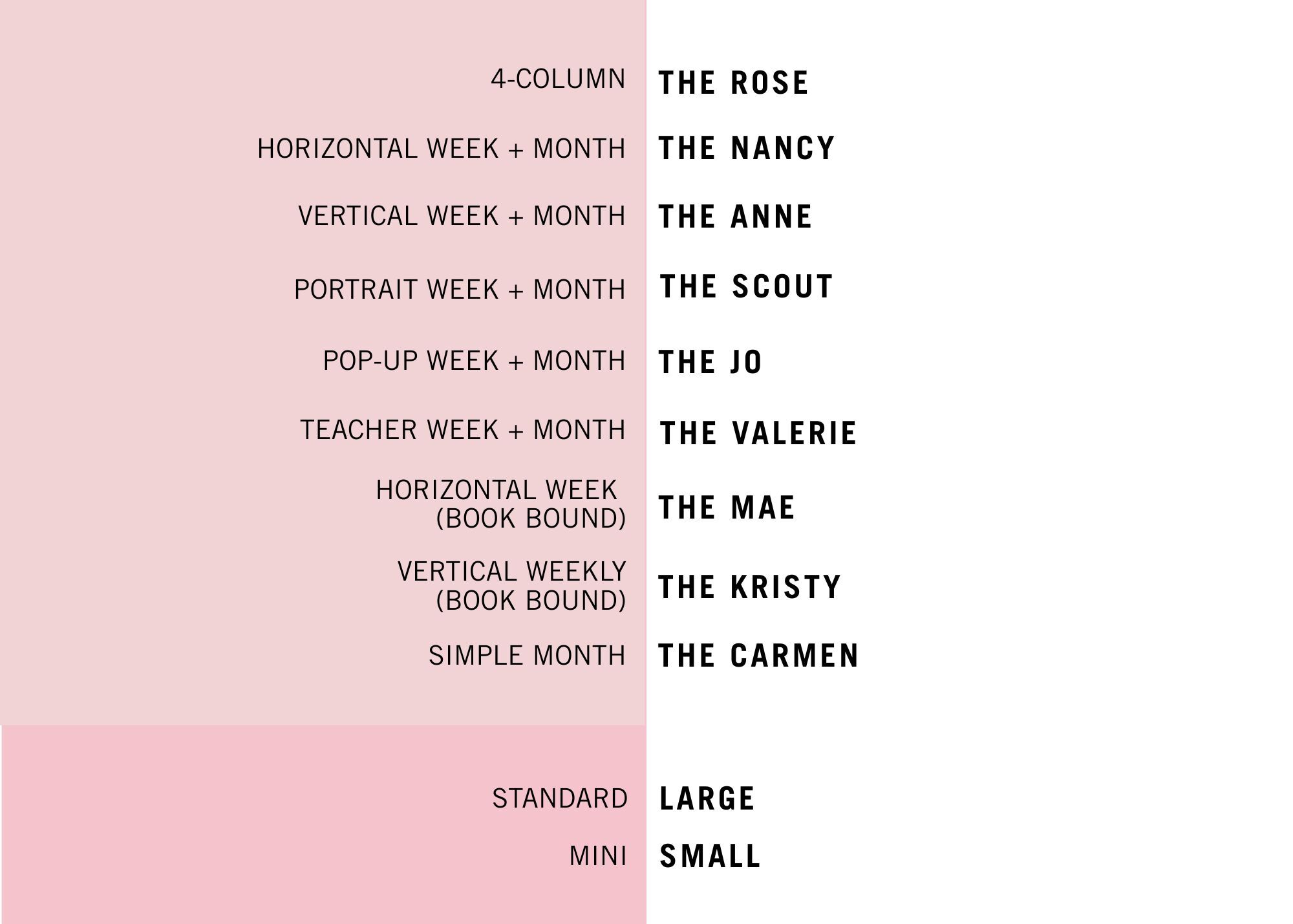 Same Planner, New Names: 4-Column is now The Rose, Horizontal Week + Month is now The Nancy, Vertical Week + Month is now The Anne, Portrait Week + Month is now the Scout, Pop-up Week + Month is now The Jo, Teacher Week + Month is now The Valerie, Horizontal Week (Book Bound) is now The Mae, Vertical Weekly (Book Bound) is now The Kristy, Simple Month is now The Carmen. Standard size is now Large size, Mini size is now Small size.